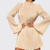 Cream Long Sleeve Pleated Mini Dress
